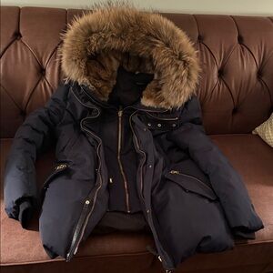 Mackage Navy Blue Performance Jacket with Fur Trim